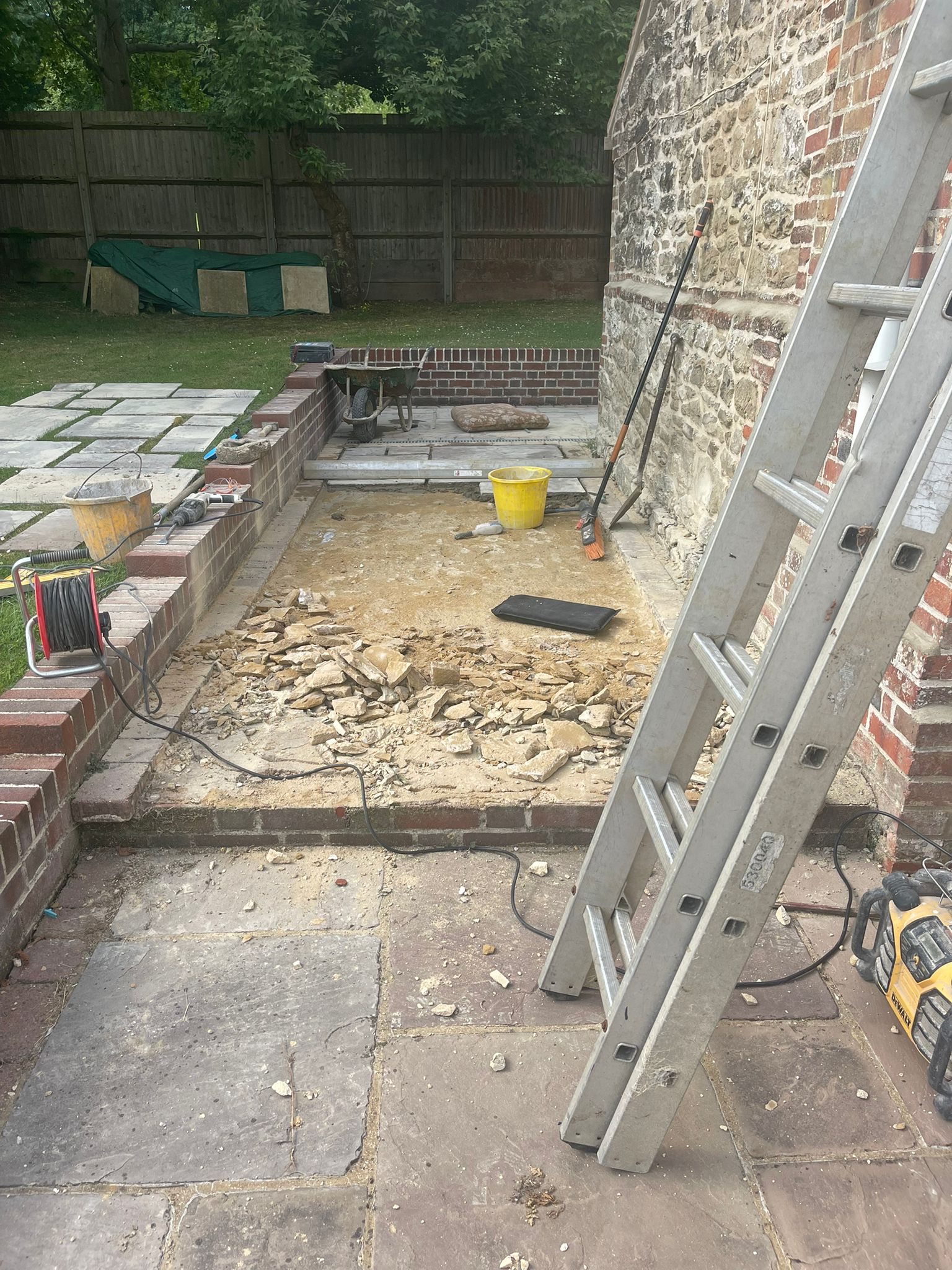Flagstone patio at cottage during construction