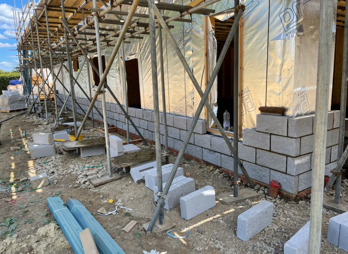 New build blockwork walls with scaffolding