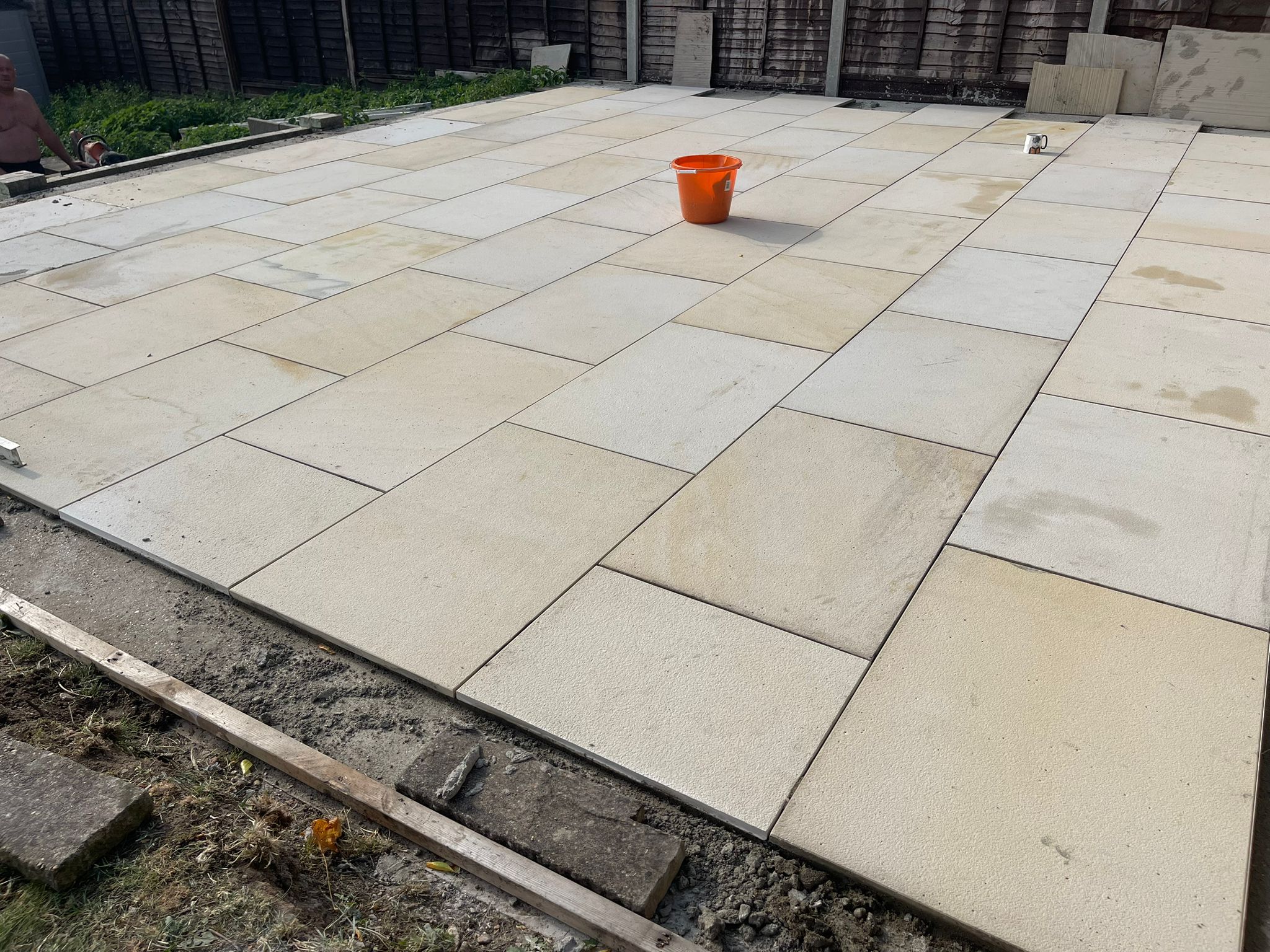 Sawn stone patio in a back garden